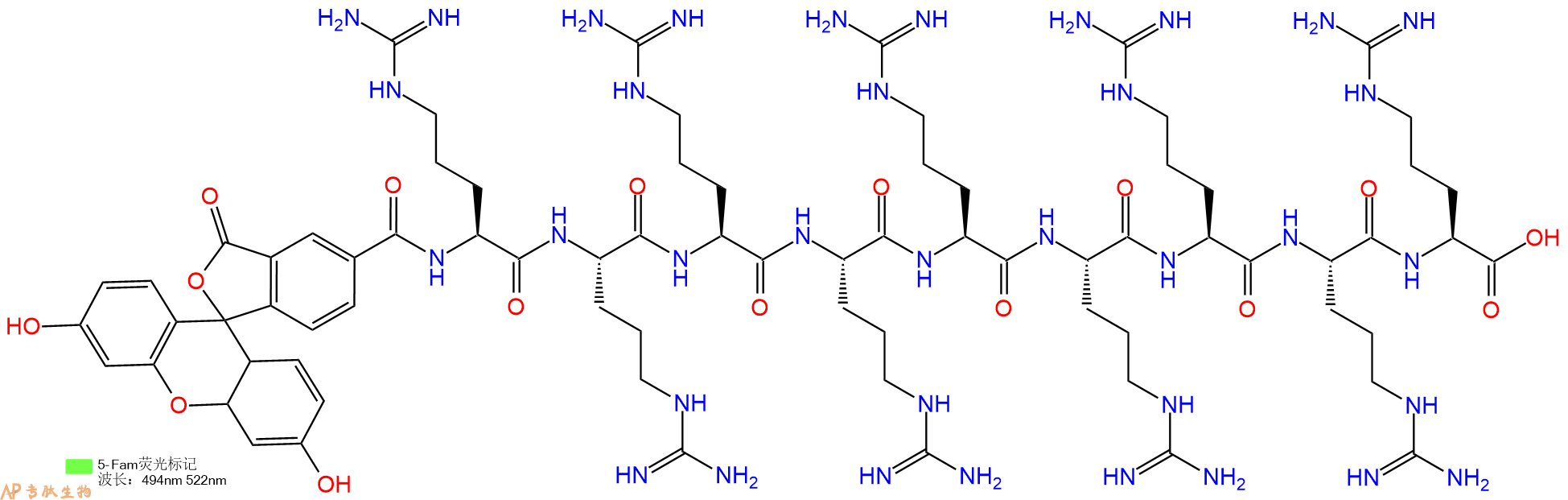 專肽生物產(chǎn)品細(xì)胞穿膜肽(Arg)9, FAM-labeled、FAM-R9