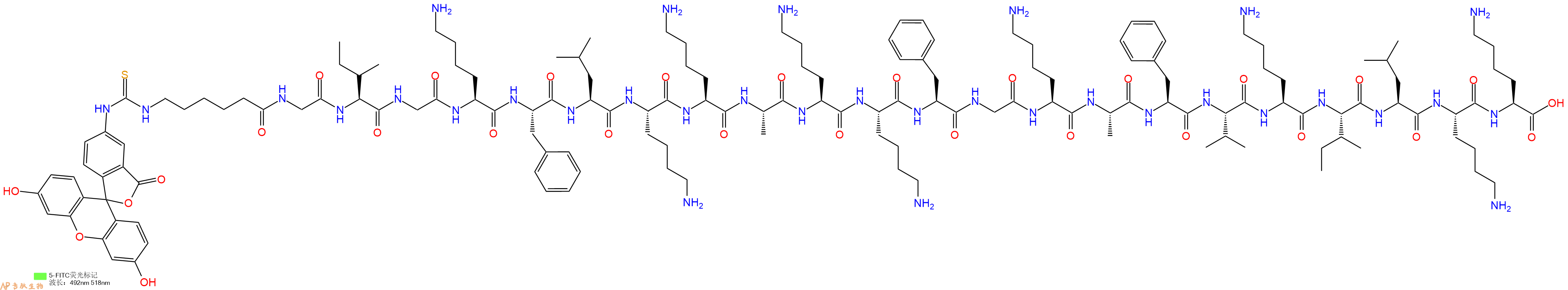 專(zhuān)肽生物產(chǎn)品5FITC-Ahx-Gly-Ile-Gly-Lys-Phe-Leu-Lys-Lys-Ala-Lys-