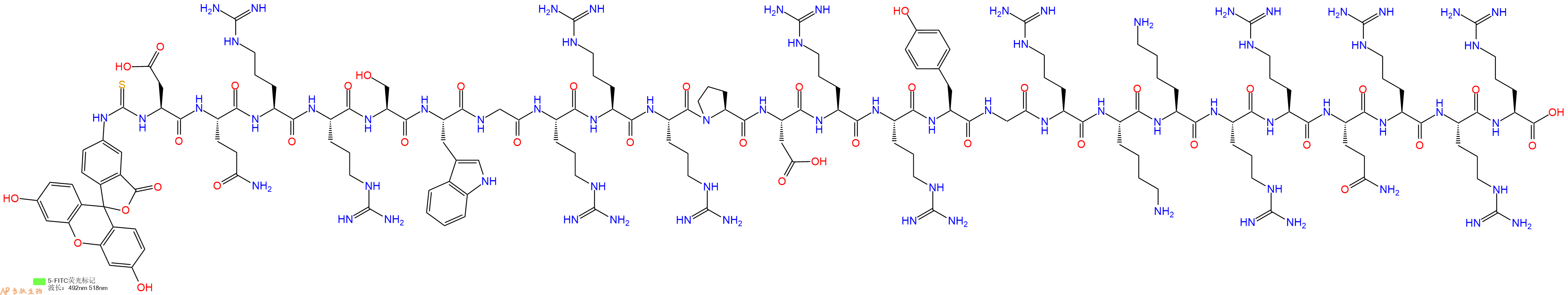 專肽生物產(chǎn)品5FITC-Asp-Gln-Arg-Arg-Ser-Trp-Gly-Arg-Arg-Arg-Pro-