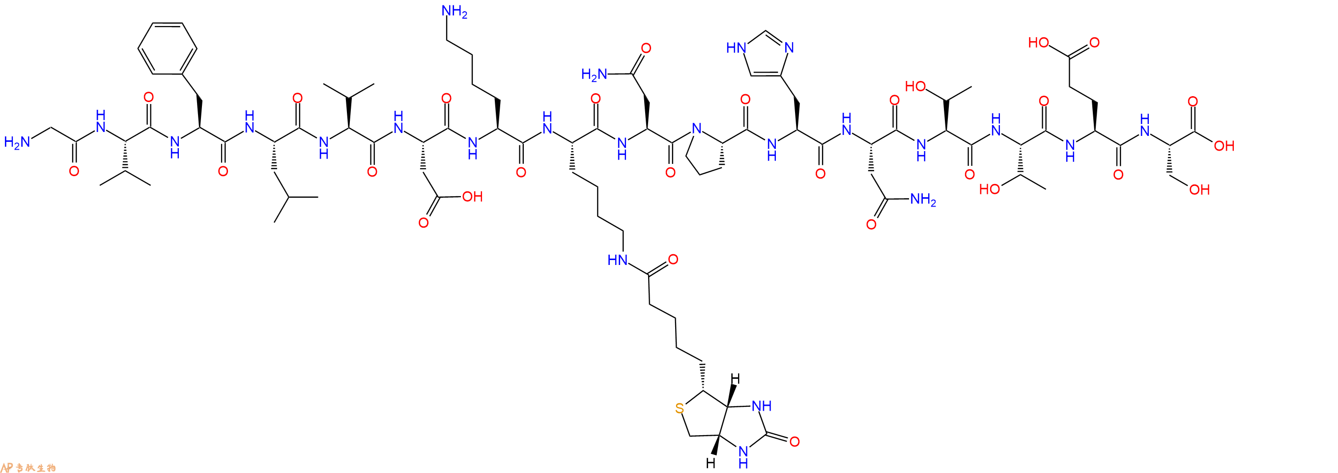 專肽生物產(chǎn)品H2N-Gly-Val-Phe-Leu-Val-Asp-Lys-Lys(Biotin)-Asn-Pr