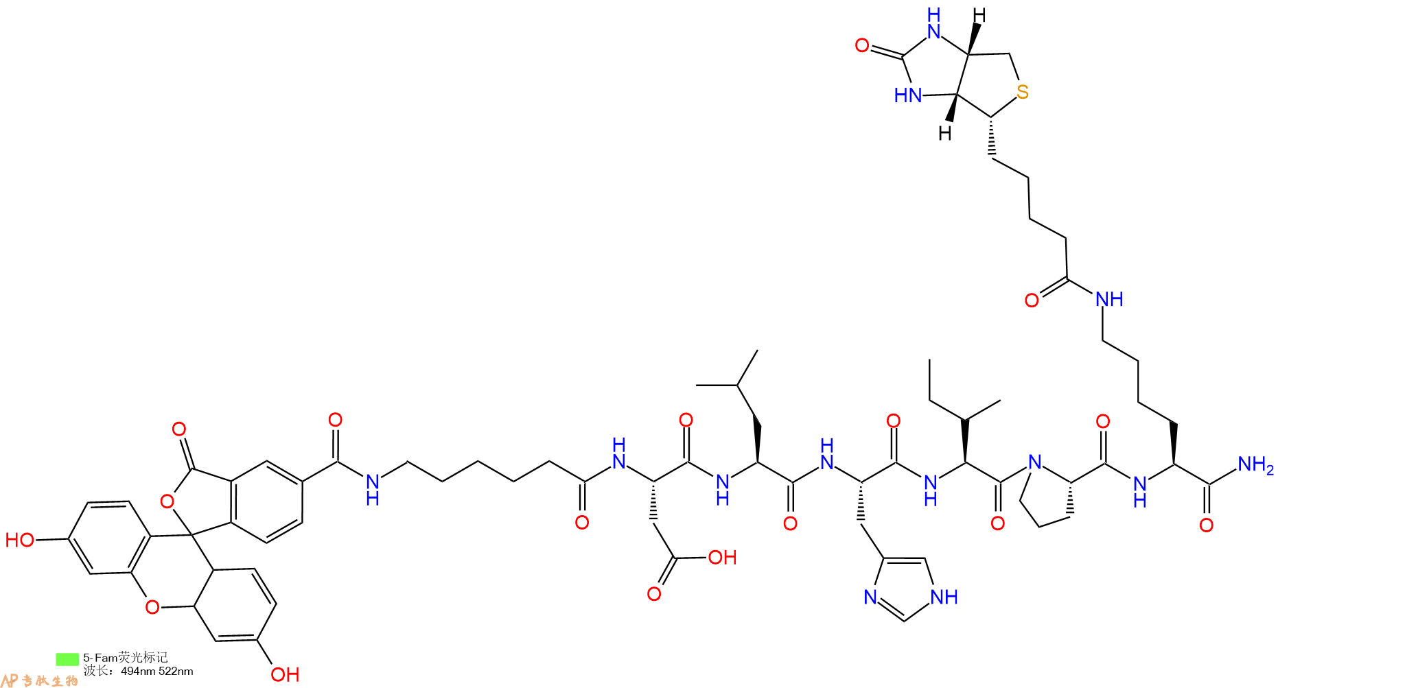 專肽生物產(chǎn)品5FAM-Ahx-Asp-Leu-His-Ile-Pro-Lys(Biotin)-NH2