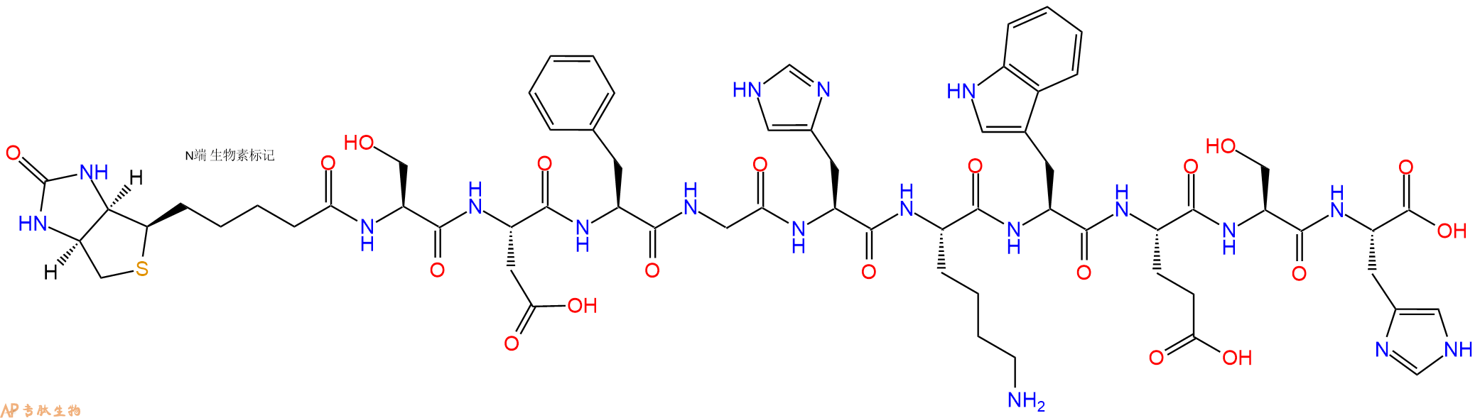 專(zhuān)肽生物產(chǎn)品Biotin-Ser-Asp-Phe-Gly-His-Lys-Trp-Glu-Ser-His-COO