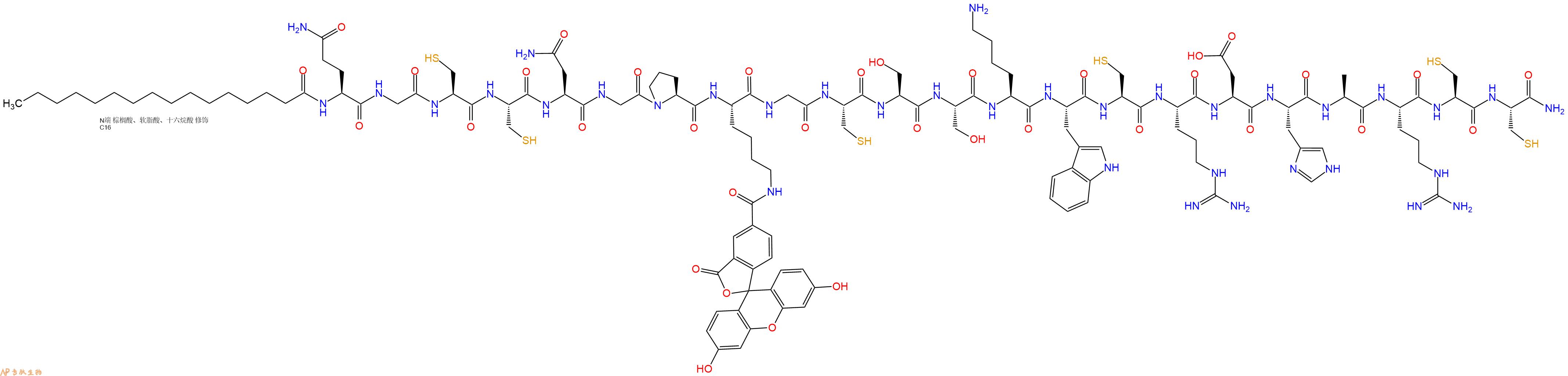 專肽生物產(chǎn)品Palmiticacid-Gln-Gly-Cys-Cys-Asn-Gly-Pro-Lys(5Fam)