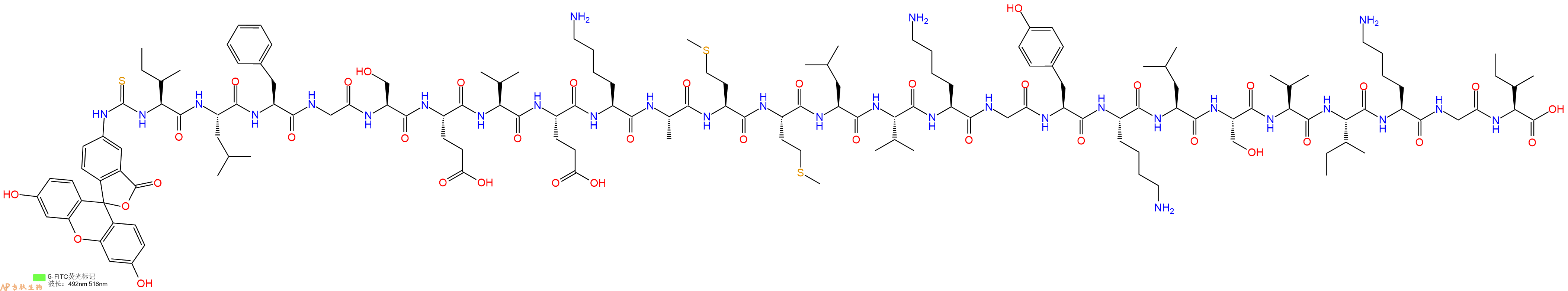 專肽生物產(chǎn)品5FITC-Ile-Leu-Phe-Gly-Ser-Glu-Val-Glu-Lys-Ala-Met-