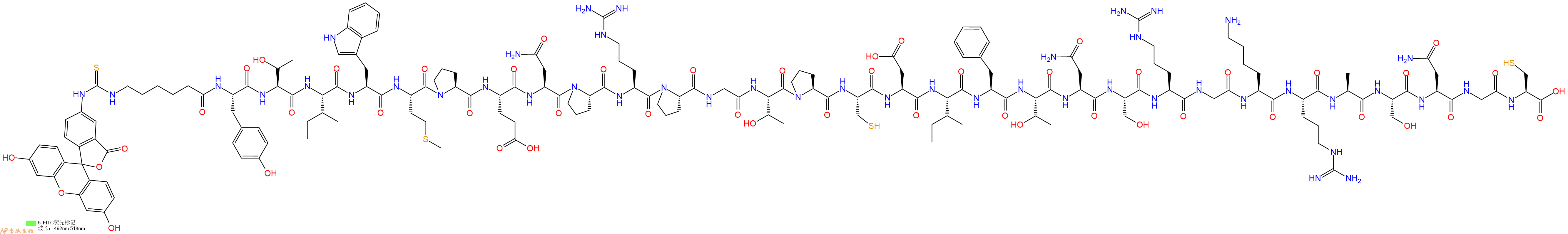 專肽生物產(chǎn)品熒光標(biāo)記狂犬病病毒肽Rabies Virus Glycoprotein、FITC-RVG peptide-Cys、FITC-RVG29-Cys、FITC-RVG-29-Cys