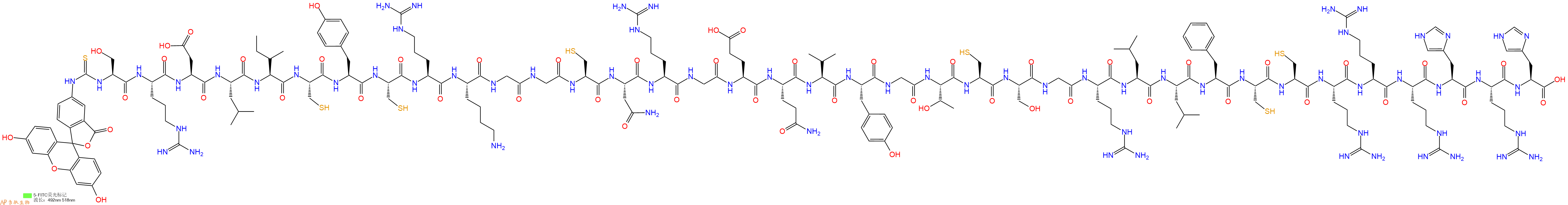 專肽生物產(chǎn)品5FITC-Ser-Arg-Asp-Leu-Ile-Cys-Tyr-Cys-Arg-Lys-Gly-Gly-Cys-Asn-Arg-Gly-Glu-Gln-Val-Tyr-Gly-Thr-Cys-Ser-Gly-Arg-Leu-Leu-Phe-Cys-Cys-Arg-Arg-Arg-His-Arg-His-COOH