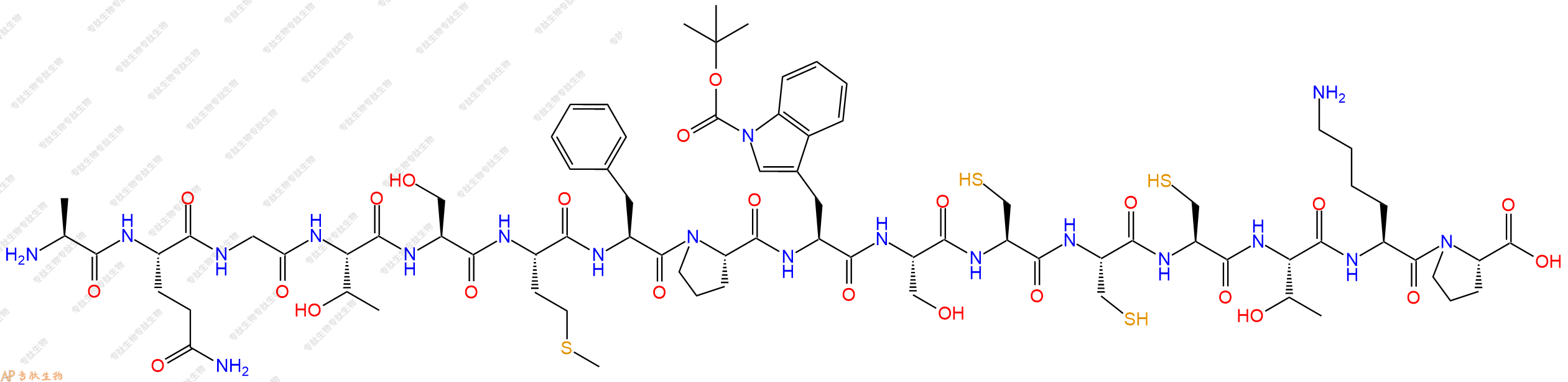 專肽生物產(chǎn)品H2N-Ala-Gln-Gly-Thr-Ser-Met-Phe-Pro-Trp(Boc)-Ser-Cys-Cys-Cys-Thr-Lys-Pro-COOH