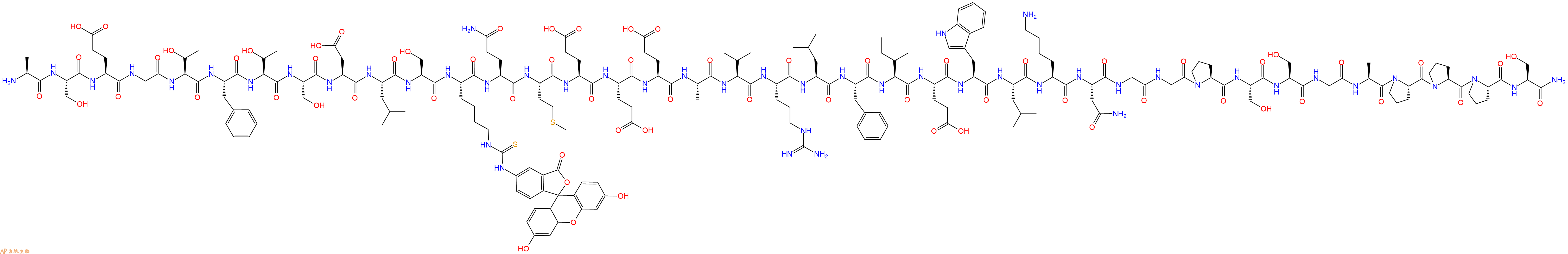 專肽生物產(chǎn)品H2N-Ala-Ser-Glu-Gly-Thr-Phe-Thr-Ser-Asp-Leu-Ser-Lys(Fitc)-Gln-Met-Glu-Glu-Glu-Ala-Val-Arg-Leu-Phe-Ile-Glu-Trp-Leu-Lys-Asn-Gly-Gly-Pro-Ser-Ser-Gly-Ala-Pro-Pro-Pro-Ser-NH2