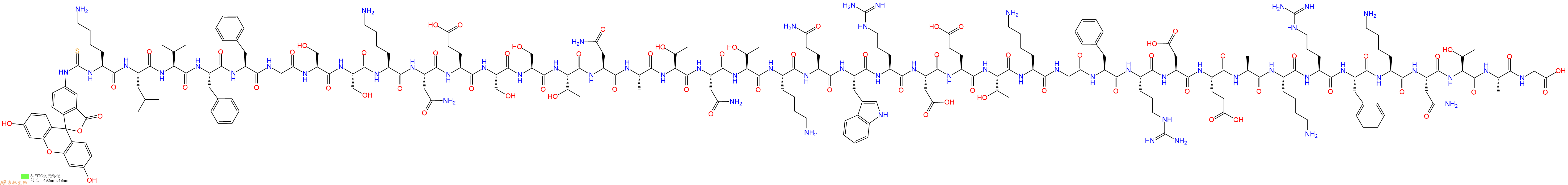 專肽生物產(chǎn)品5FITC-Lys-Leu-Val-Phe-Phe-Gly-Ser-Ser-Lys-Asn-Glu-Ser-Ser-Thr-Asn-Ala-Thr-Asn-Thr-Lys-Gln-Trp-Arg-Asp-Glu-Thr-Lys-Gly-Phe-Arg-Asp-Glu-Ala-Lys-Arg-Phe-Lys-Asn-Thr-Ala-Gly-COOH