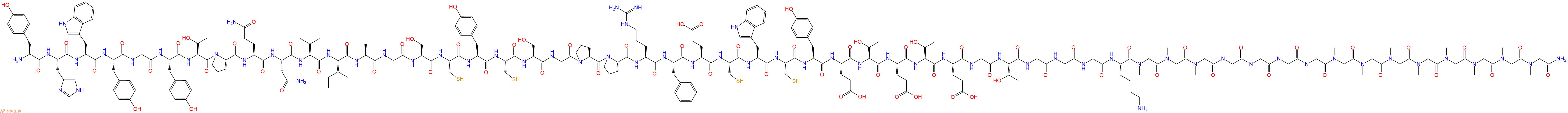 專肽生物產(chǎn)品H2N-Tyr-His-Trp-Tyr-Gly-Tyr-Thr-Pro-Gln-Asn-Val-Ile-Ala-Gly-Ser-Cys-Tyr-Cys-Ser-Gly-Pro-Pro-Arg-Phe-Glu-Cys-Trp-Cys-Tyr-Glu-Thr-Glu-Thr-Glu-Gly-Thr-Gly-Gly-Gly-Lys-Sar-Sar-Sar-Sar-Sar-Sar-Sar-Sar-Sar-Sar-Sar-Sar-Sar-Sar-Sar-NH2