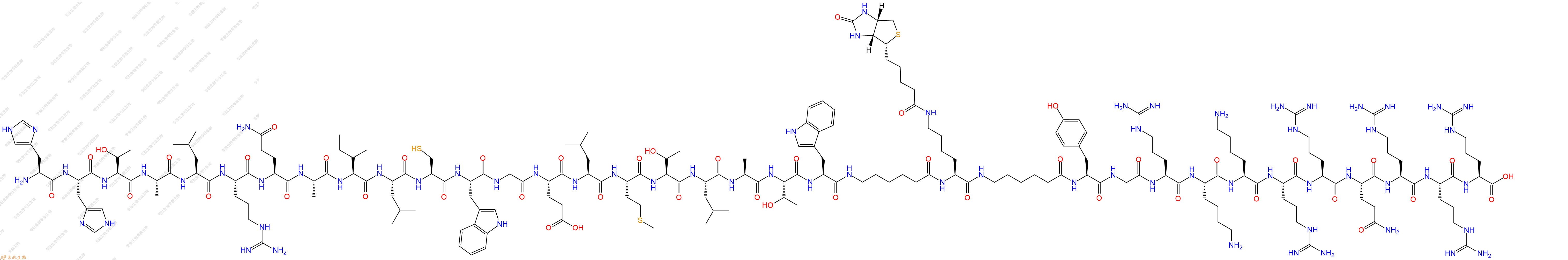 專肽生物產(chǎn)品H2N-His-His-Thr-Ala-Leu-Arg-Gln-Ala-Ile-Leu-Cys-Trp-Gly-Glu-Leu-Met-Thr-Leu-Ala-Thr-Trp-Ahx-Lys(Biotin)-Ahx-Tyr-Gly-Arg-Lys-Lys-Arg-Arg-Gln-Arg-Arg-Arg-COOH