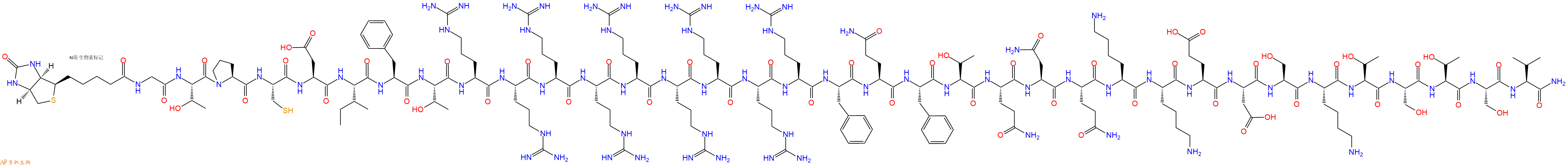 專肽生物產(chǎn)品Biotin-Gly-Thr-Pro-Cys-Asp-Ile-Phe-Thr-Arg-Arg-Arg-Arg-Arg-Arg-Arg-Arg-Arg-Phe-Gln-Phe-Thr-Gln-Asn-Gln-Lys-Lys-Glu-Asp-Ser-Lys-Thr-Ser-Thr-Ser-Val-NH2