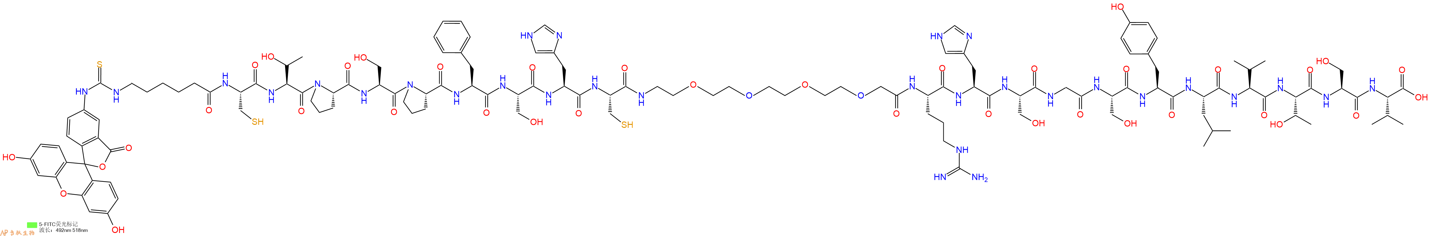 專肽生物產(chǎn)品5FITC-Ahx-Cys-Thr-Pro-Ser-Pro-Phe-Ser-His-Cys-PEG4-Arg-His-Ser-Gly-Ser-Tyr-Leu-Val-Thr-Ser-Val