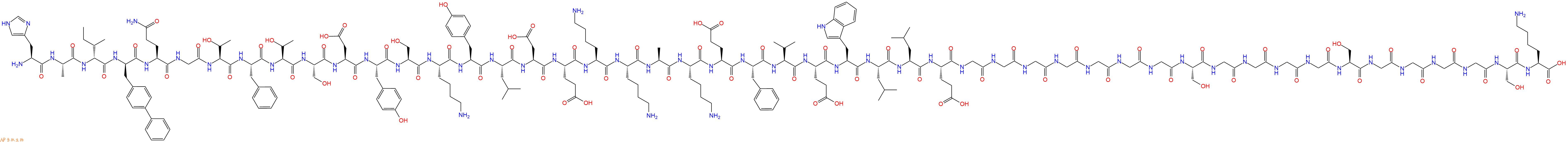 專肽生物產(chǎn)品H2N-His-Ala-DIle-DBip-Gln-Gly-Thr-Phe-Thr-Ser-Asp-Tyr-Ser-Lys-Tyr-Leu-Asp-Glu-Lys-Lys-Ala-Lys-Glu-Phe-Val-Glu-Trp-Leu-Leu-Glu-Gly-Gly-Gly-Gly-Gly-Gly-Gly-Ser-Gly-Gly-Gly-Gly-Ser-Gly-Gly-Gly-Gly-Ser-Lys-OH