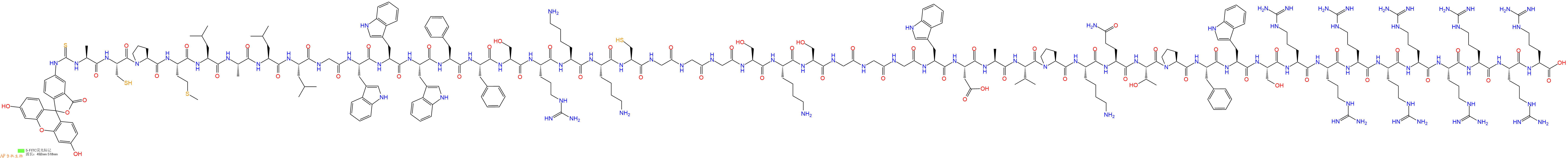 專肽生物產(chǎn)品5FITC-Ala-Cys-Pro-Met-Leu-Ala-Leu-Leu-Gly-Trp-Trp-Trp-Phe-Phe-Ser-Arg-Lys-Lys-Cys-Gly-Gly-Gly-Ser-Lys-Ser-Gly-Gly-Gly-Trp-Asp-Ala-Val-Pro-Lys-Gln-Thr-Pro-Phe-Trp-Ser-Arg-Arg-Arg-Arg-Arg-Arg-Arg-Arg-Arg-OH