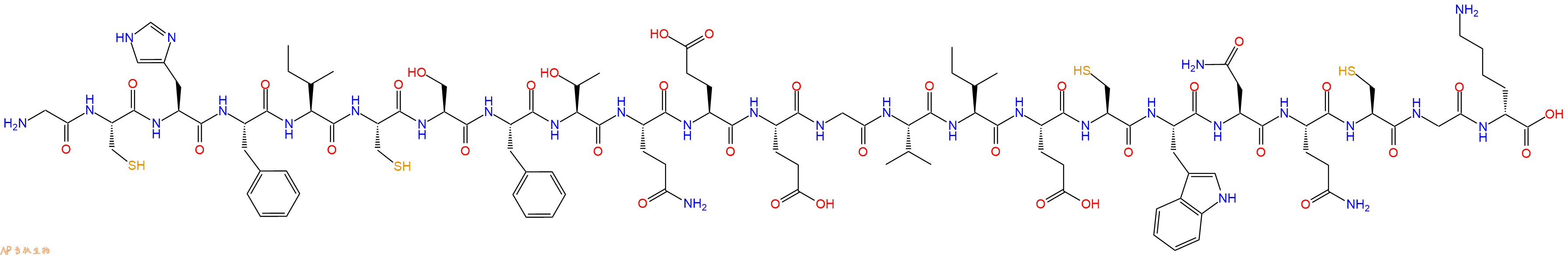 專肽生物產(chǎn)品H2N-Gly-Cys-His-Phe-Ile-Cys-Ser-Phe-Thr-Gln-Glu-Glu-Gly-Val-Ile-Glu-Cys-Trp-Asn-Gln-Cys-Gly-DLys-OH