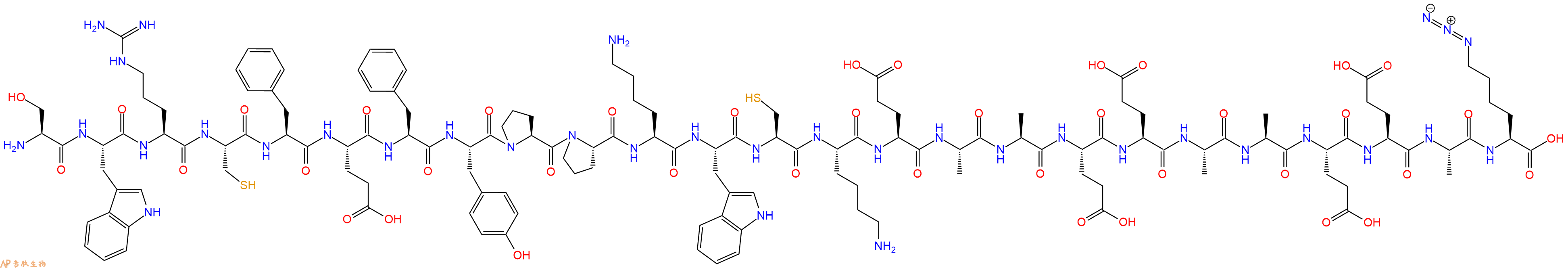 專肽生物產(chǎn)品H2N-Ser-Trp-Arg-Cys-Phe-Glu-Phe-Tyr-Pro-Pro-Lys-Trp-Cys-Lys-Glu-Ala-Ala-Glu-Glu-Ala-Ala-Glu-Glu-Ala-Lys(N3)-OH