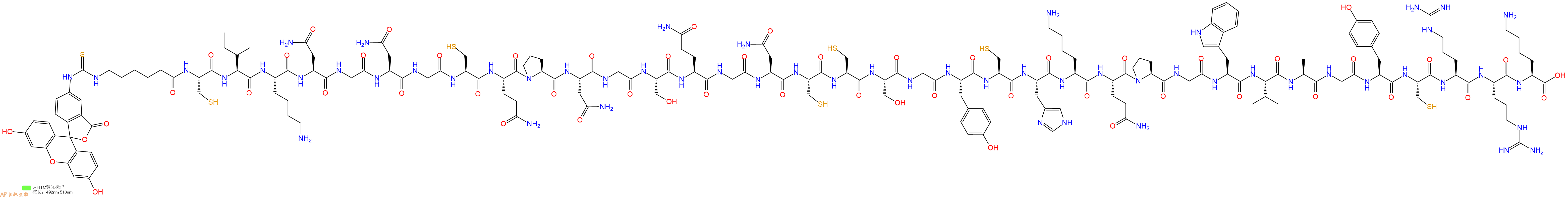 專肽生物產(chǎn)品5FITC-Ahx-Cys-Ile-Lys-Asn-Gly-Asn-Gly-Cys-Gln-Pro-Asn-Gly-Ser-Gln-Gly-Asn-Cys-Cys-Ser-Gly-Tyr-Cys-His-Lys-Gln-Pro-Gly-Trp-Val-Ala-Gly-Tyr-Cys-Arg-Arg-Lys-OH