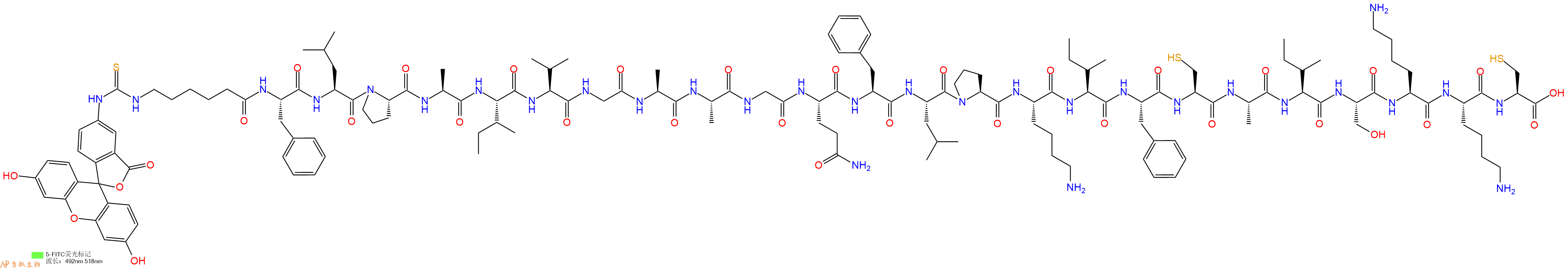 專肽生物產(chǎn)品5FITC-Ahx-Phe-Leu-Pro-Ala-Ile-Val-Gly-Ala-Ala-Gly-Gln-Phe-Leu-Pro-Lys-Ile-Phe-Cys-Ala-Ile-Ser-Lys-Lys-Cys-OH