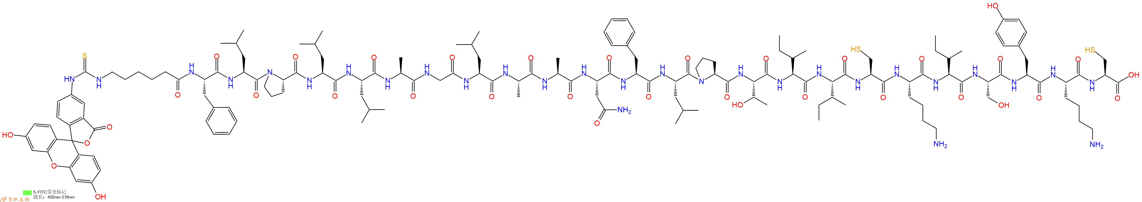 專肽生物產(chǎn)品5FITC-Ahx-Phe-Leu-Pro-Leu-Leu-Ala-Gly-Leu-Ala-Ala-Asn-Phe-Leu-Pro-Thr-Ile-Ile-Cys-Lys-Ile-Ser-Tyr-Lys-Cys-OH