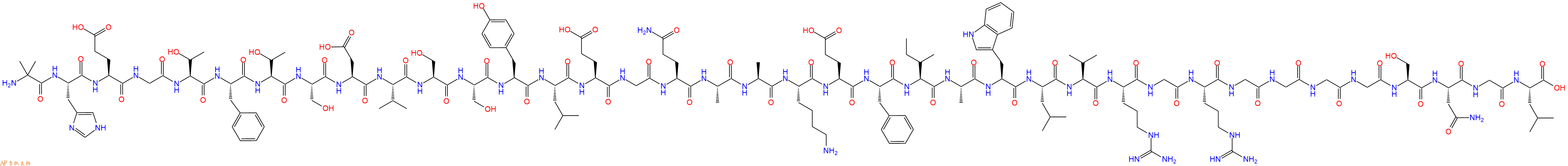 專肽生物產(chǎn)品H2N-Aib-His-Glu-Gly-Thr-Phe-Thr-Ser-Asp-Val-Ser-Ser-Tyr-Leu-Glu-Gly-Gln-Ala-Ala-Lys-Glu-Phe-Ile-Ala-Trp-Leu-Val-Arg-Gly-Arg-Gly-Gly-Gly-Gly-Ser-Asn-Gly-Leu-OH