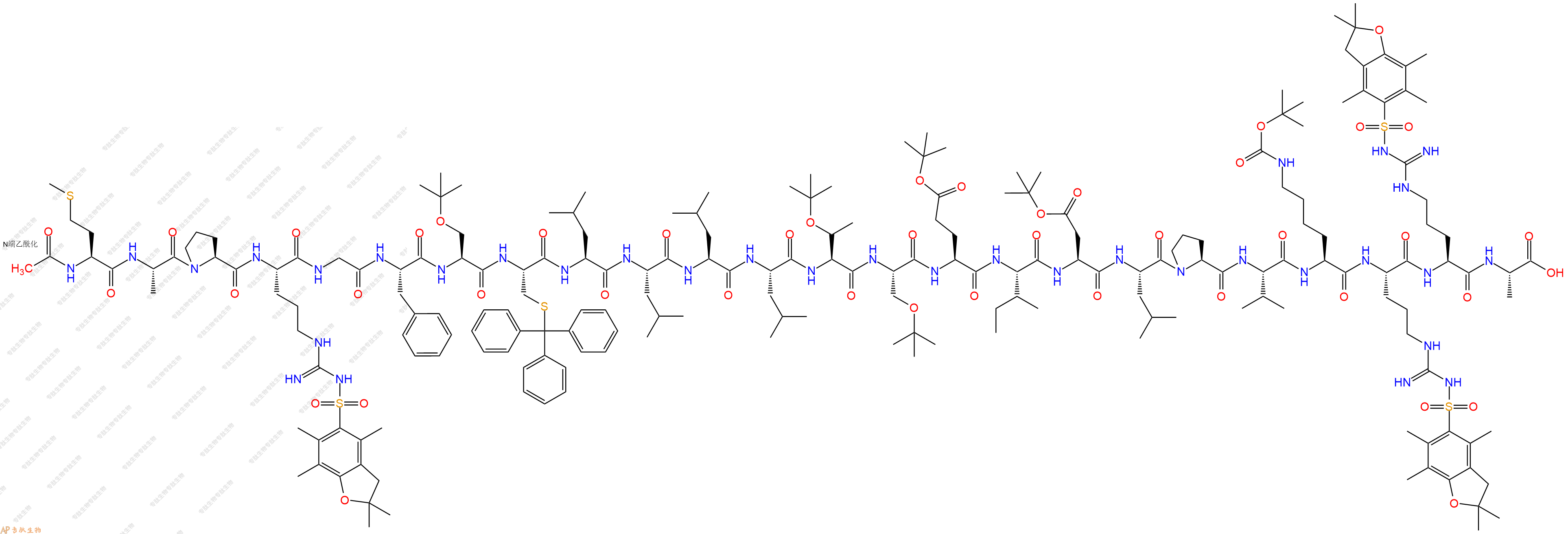 專(zhuān)肽生物產(chǎn)品Ac-Met-Ala-Pro-Arg(Pbf)-Gly-Phe-Ser(tBu)-Cys(Trt)-Leu-Leu-Leu-Leu-Thr(tBu)-Ser(tBu)-Glu(OtBu)-Ile-Asp(OtBu)-Leu-Pro-Val-Lys(Boc)-Arg(Pbf)-Arg(Pbf)-Ala-OH