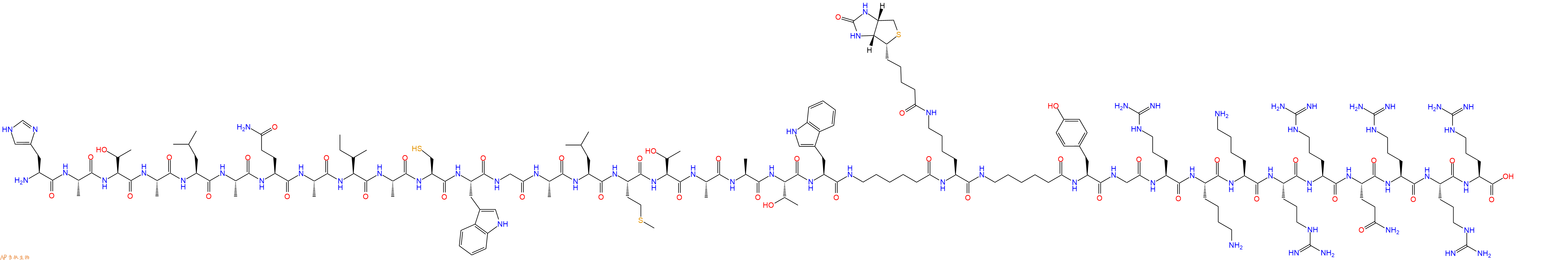 專肽生物產(chǎn)品H2N-His-Ala-Thr-Ala-Leu-Ala-Gln-Ala-Ile-Ala-Cys-Trp-Gly-Ala-Leu-Met-Thr-Ala-Ala-Thr-Trp-Ahx-Lys(Biotin)-Ahx-Tyr-Gly-Arg-Lys-Lys-Arg-Arg-Gln-Arg-Arg-Arg-OH