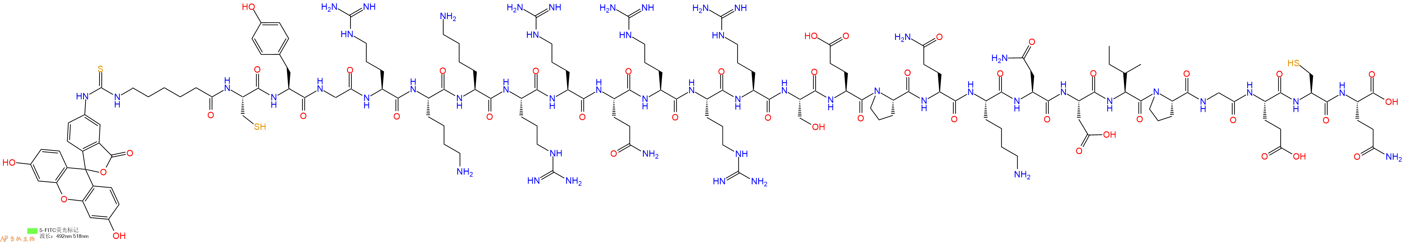 專肽生物產(chǎn)品5FITC-Ahx-Cys-Tyr-Gly-Arg-Lys-Lys-Arg-Arg-Gln-Arg-Arg-Arg-Ser-Glu-Pro-Gln-Lys-Asn-Asp-Ile-Pro-Gly-Glu-Cys-Gln-OH