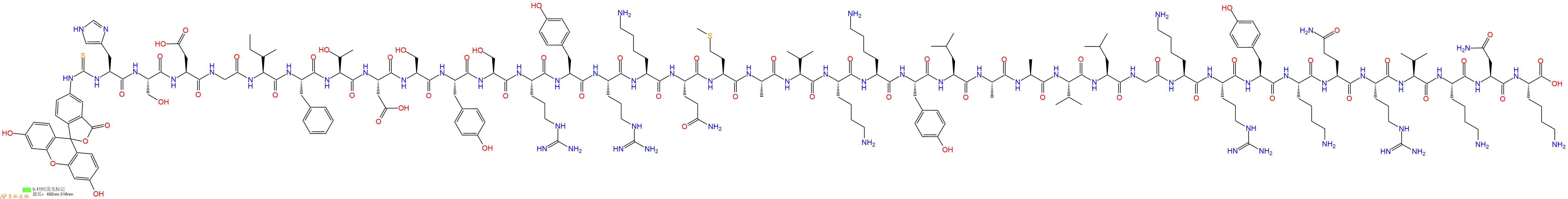 專肽生物產(chǎn)品5FITC-His-Ser-Asp-Gly-Ile-Phe-Thr-Asp-Ser-Tyr-Ser-Arg-Tyr-Arg-Lys-Gln-Met-Ala-Val-Lys-Lys-Tyr-Leu-Ala-Ala-Val-Leu-Gly-Lys-Arg-Tyr-Lys-Gln-Arg-Val-Lys-Asn-Lys-OH