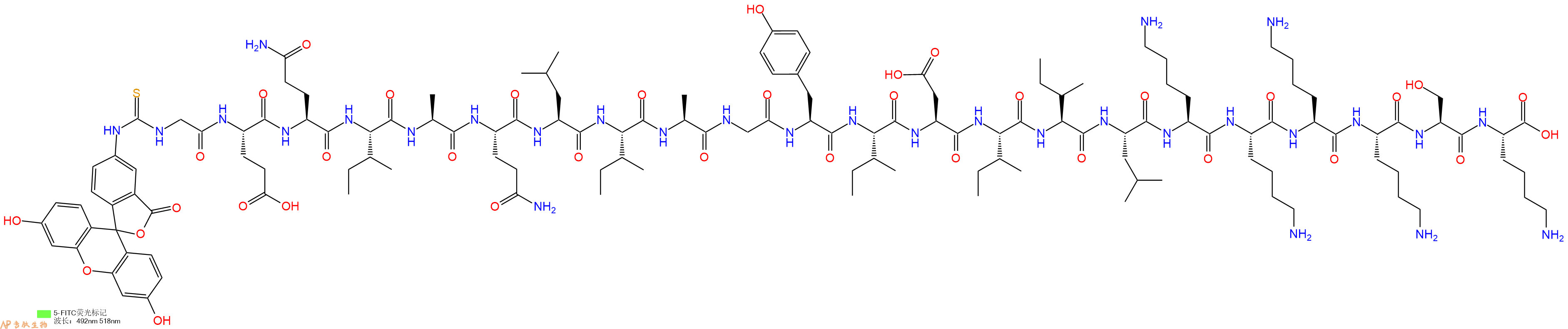 專肽生物產(chǎn)品5FITC-Gly-Glu-Gln-Ile-Ala-Gln-Leu-Ile-Ala-Gly-Tyr-Ile-Asp-Ile-Ile-Leu-Lys-Lys-Lys-Lys-Ser-Lys-OH