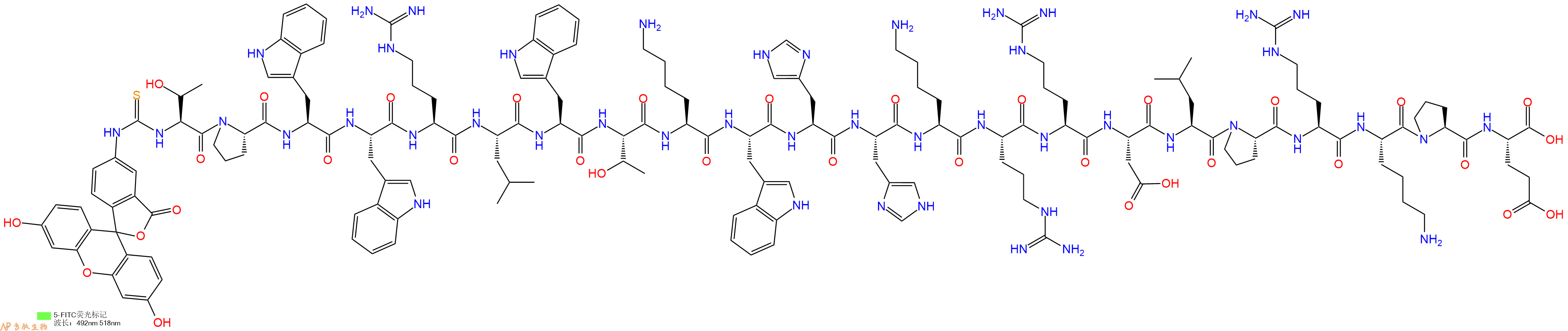 專肽生物產(chǎn)品5FITC-Thr-Pro-Trp-Trp-Arg-Leu-Trp-Thr-Lys-Trp-His-His-Lys-Arg-Arg-Asp-Leu-Pro-Arg-Lys-Pro-Glu-OH