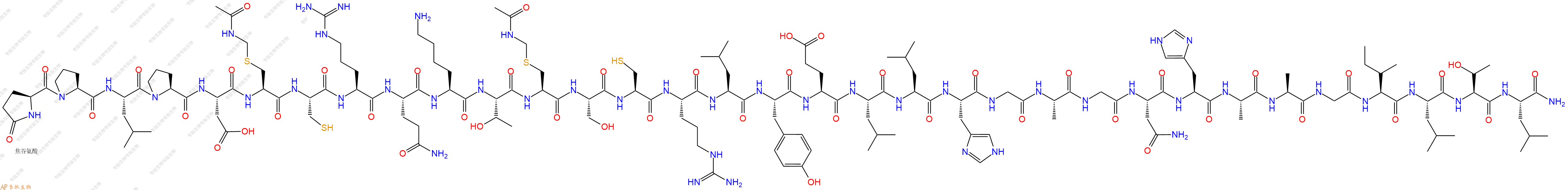 專(zhuān)肽生物產(chǎn)品Pyr-Pro-Leu-Pro-Asp-Cys(Acm)-Cys-Arg-Gln-Lys-Thr-Cys(Acm)-Ser-Cys-Arg-Leu-Tyr-Glu-Leu-Leu-His-Gly-Ala-Gly-Asn-His-Ala-Ala-Gly-Ile-Leu-Thr-Leu-NH2