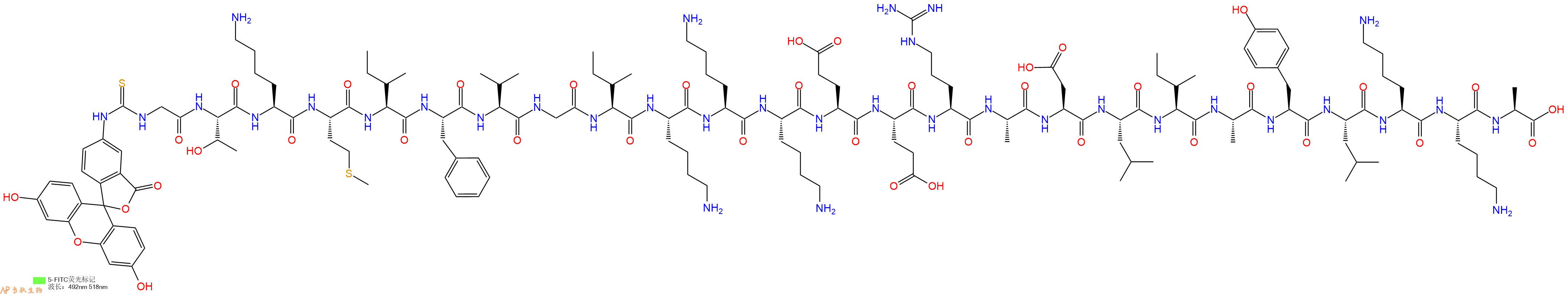 專肽生物產(chǎn)品5FITC-Gly-Thr-Lys-Met-Ile-Phe-Val-Gly-Ile-Lys-Lys-Lys-Glu-Glu-Arg-Ala-Asp-Leu-Ile-Ala-Tyr-Leu-Lys-Lys-Ala-OH