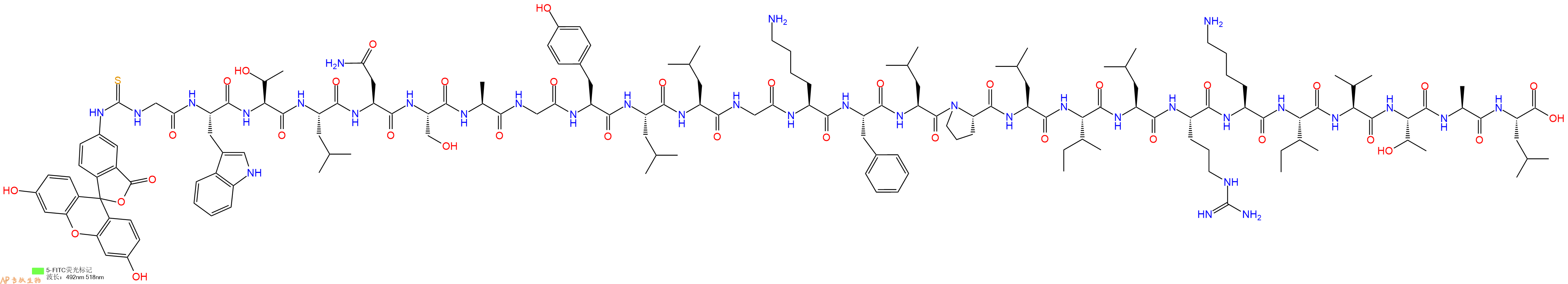 專肽生物產(chǎn)品5FITC-Gly-Trp-Thr-Leu-Asn-Ser-Ala-Gly-Tyr-Leu-Leu-Gly-Lys-Phe-Leu-Pro-Leu-Ile-Leu-Arg-Lys-Ile-Val-Thr-Ala-Leu-OH