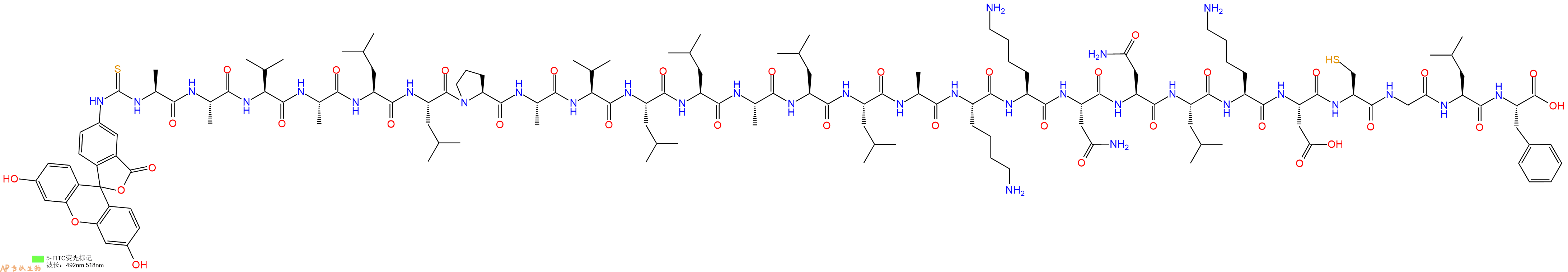 專肽生物產(chǎn)品5FITC-Ala-Ala-Val-Ala-Leu-Leu-Pro-Ala-Val-Leu-Leu-Ala-Leu-Leu-Ala-Lys-Lys-Asn-Asn-Leu-Lys-Asp-Cys-Gly-Leu-Phe-OH