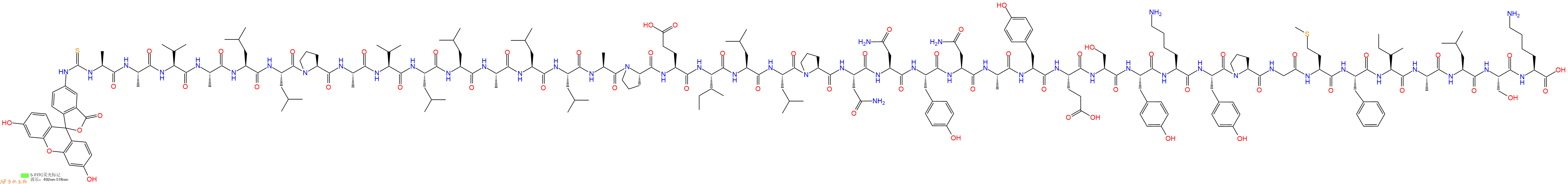 專肽生物產(chǎn)品5FITC-Ala-Ala-Val-Ala-Leu-Leu-Pro-Ala-Val-Leu-Leu-Ala-Leu-Leu-Ala-Pro-Glu-Ile-Leu-Leu-Pro-Asn-Asn-Tyr-Asn-Ala-Tyr-Glu-Ser-Tyr-Lys-Tyr-Pro-Gly-Met-Phe-Ile-Ala-Leu-Ser-Lys-OH