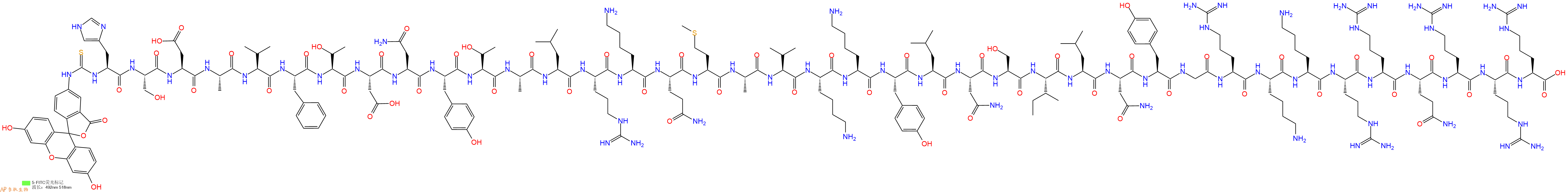 專肽生物產(chǎn)品5FITC-His-Ser-Asp-Ala-Val-Phe-Thr-Asp-Asn-Tyr-Thr-Ala-Leu-Arg-Lys-Gln-Met-Ala-Val-Lys-Lys-Tyr-Leu-Asn-Ser-Ile-Leu-Asn-Tyr-Gly-Arg-Lys-Lys-Arg-Arg-Gln-Arg-Arg-Arg-OH