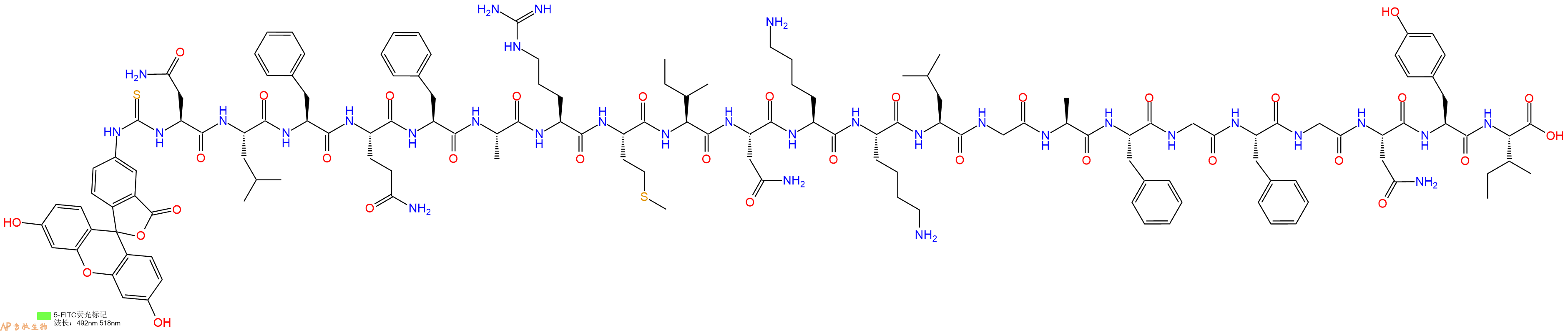 專肽生物產(chǎn)品5FITC-Asn-Leu-Phe-Gln-Phe-Ala-Arg-Met-Ile-Asn-Lys-Lys-Leu-Gly-Ala-Phe-Gly-Phe-Gly-Asn-Tyr-Ile-OH