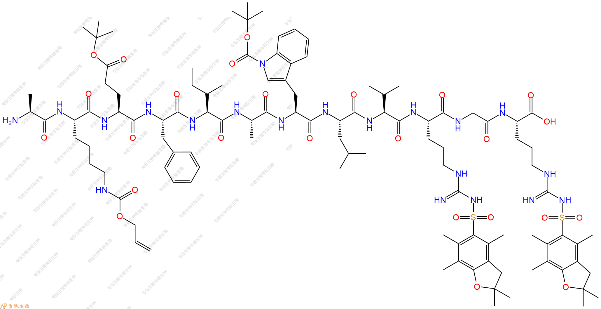 專肽生物產(chǎn)品H2N-Ala-Lys(Alloc)-Glu(OtBu)-Phe-Ile-Ala-Trp(Boc)-Leu-Val-Arg(Pbf)-Gly-Arg(Pbf)-OH