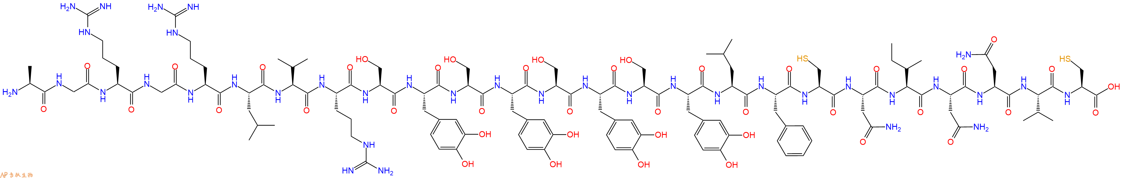 專肽生物產(chǎn)品H2N-Ala-Gly-Arg-Gly-Arg-Leu-Val-Arg-Ser-DOPA-Ser-DOPA-Ser-DOPA-Ser-DOPA-Leu-Phe-Cys-Asn-Ile-Asn-Asn-Val-Cys-OH