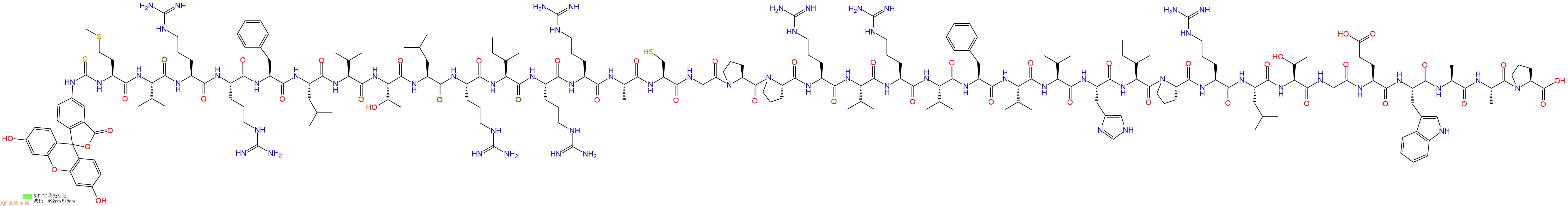 專肽生物產(chǎn)品5FITC-Met-Val-Arg-Arg-Phe-Leu-Val-Thr-Leu-Arg-Ile-Arg-Arg-Ala-Cys-Gly-Pro-Pro-Arg-Val-Arg-Val-Phe-Val-Val-His-Ile-Pro-Arg-Leu-Thr-Gly-Glu-Trp-Ala-Ala-Pro-OH