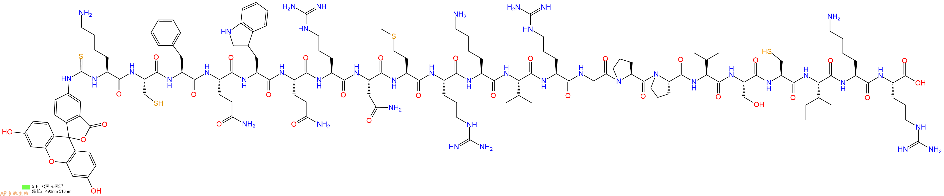 專肽生物產(chǎn)品5FITC-Lys-Cys-Phe-Gln-Trp-Gln-Arg-Asn-Met-Arg-Lys-Val-Arg-Gly-Pro-Pro-Val-Ser-Cys-Ile-Lys-Arg-OH