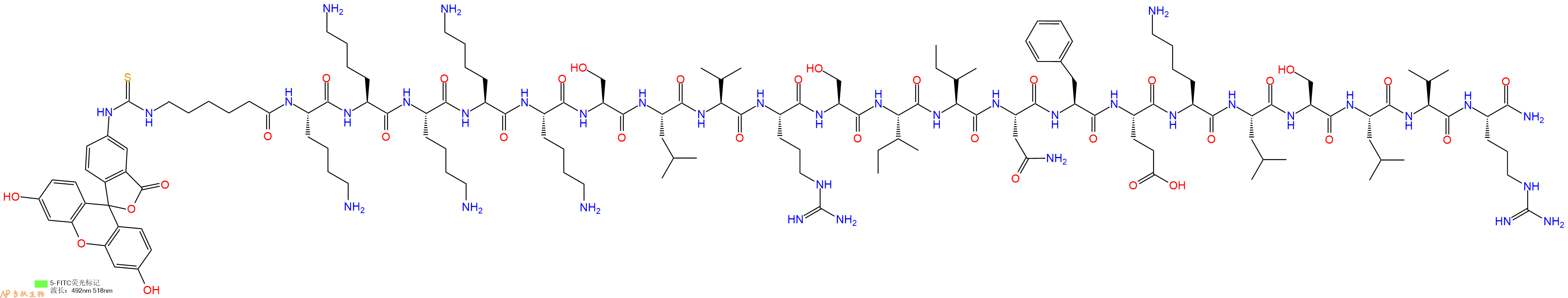 專肽生物產(chǎn)品5FITC-Ahx-Lys-Lys-Lys-Lys-Lys-Ser-Leu-Val-Arg-Ser-Ile-Ile-Asn-Phe-Glu-Lys-Leu-Ser-Leu-Val-Arg-NH2