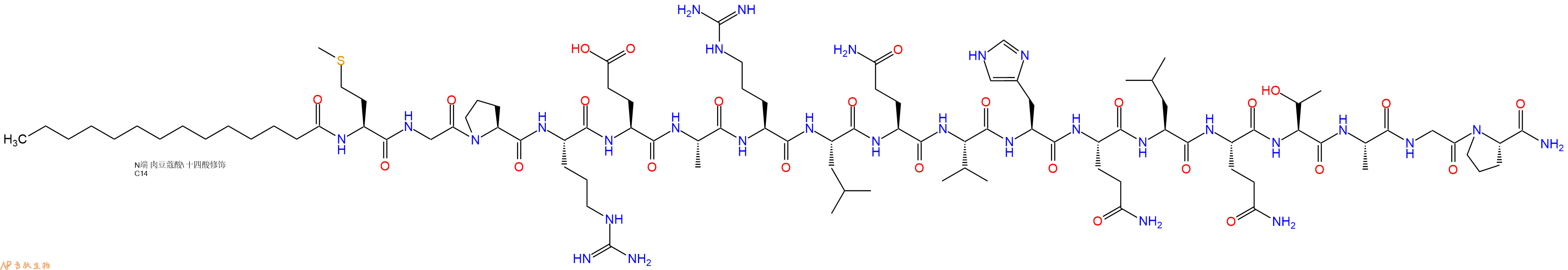 專肽生物產(chǎn)品Myristicacid-Met-Gly-Pro-Arg-Glu-Ala-Arg-Leu-Gln-Val-His-Gln-Leu-Gln-Thr-Ala-Gly-Pro-NH2