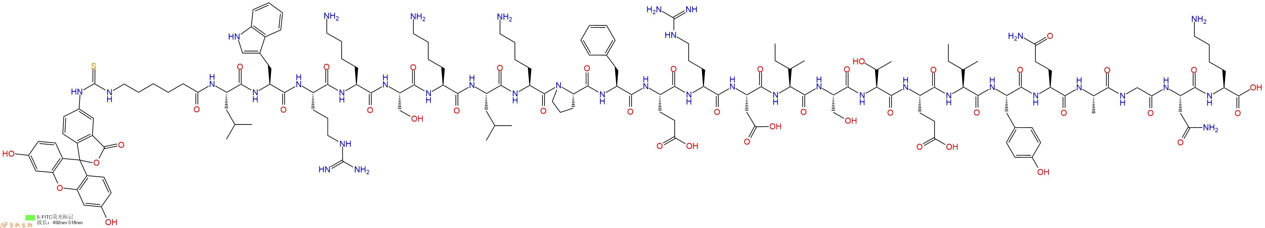 專肽生物產(chǎn)品5FITC-Ahx-Leu-Trp-Arg-Lys-Ser-Lys-Leu-Lys-Pro-Phe-Glu-Arg-Asp-Ile-Ser-Thr-Glu-Ile-Tyr-Gln-Ala-Gly-Asn-Lys-OH