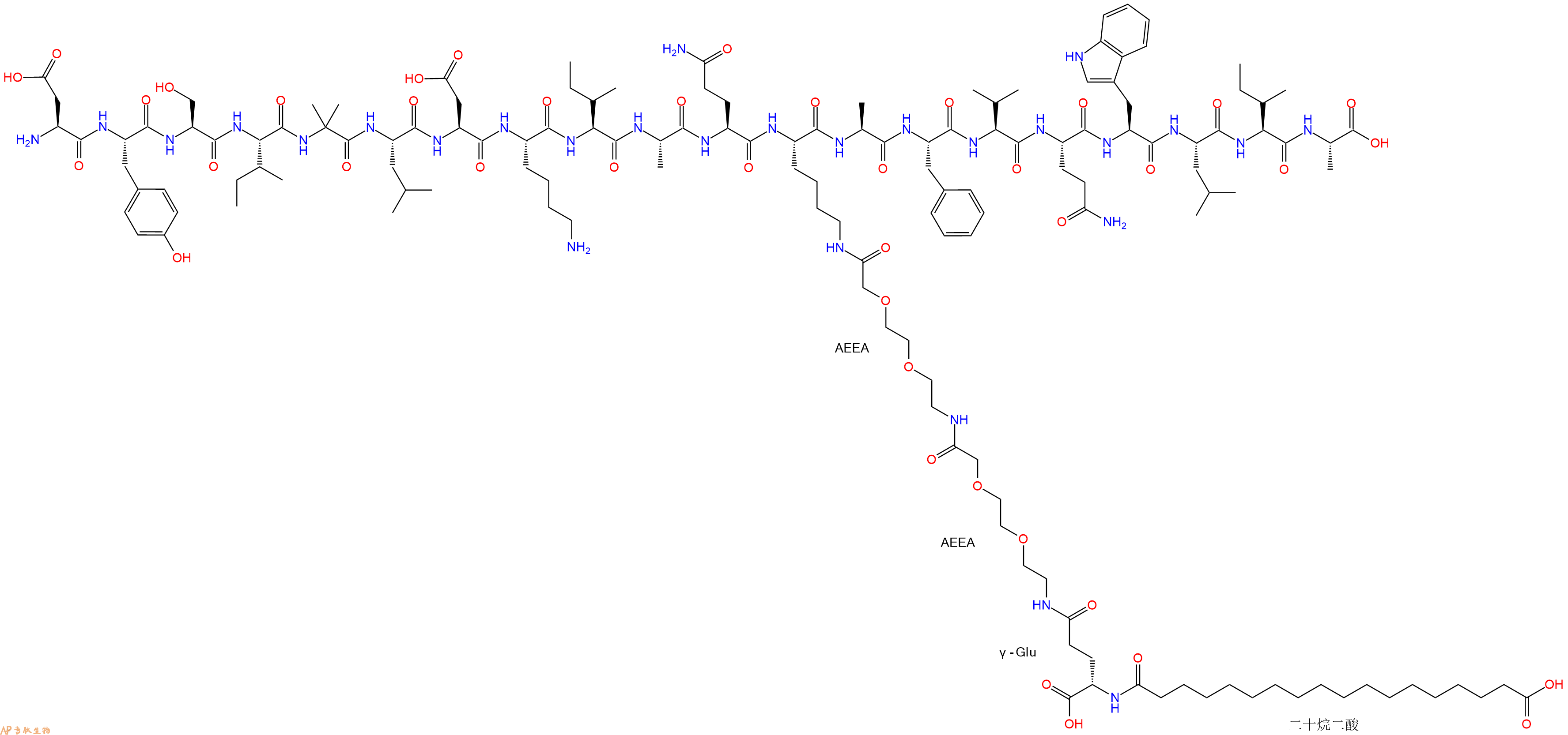 專肽生物產(chǎn)品H2N-Asp-Tyr-Ser-Ile-Aib-Leu-Asp-Lys-Ile-Ala-Gln-Lys(替爾泊肽側(cè)鏈)-Ala-Phe-Val-Gln-Trp-Leu-Ile-Ala-OH