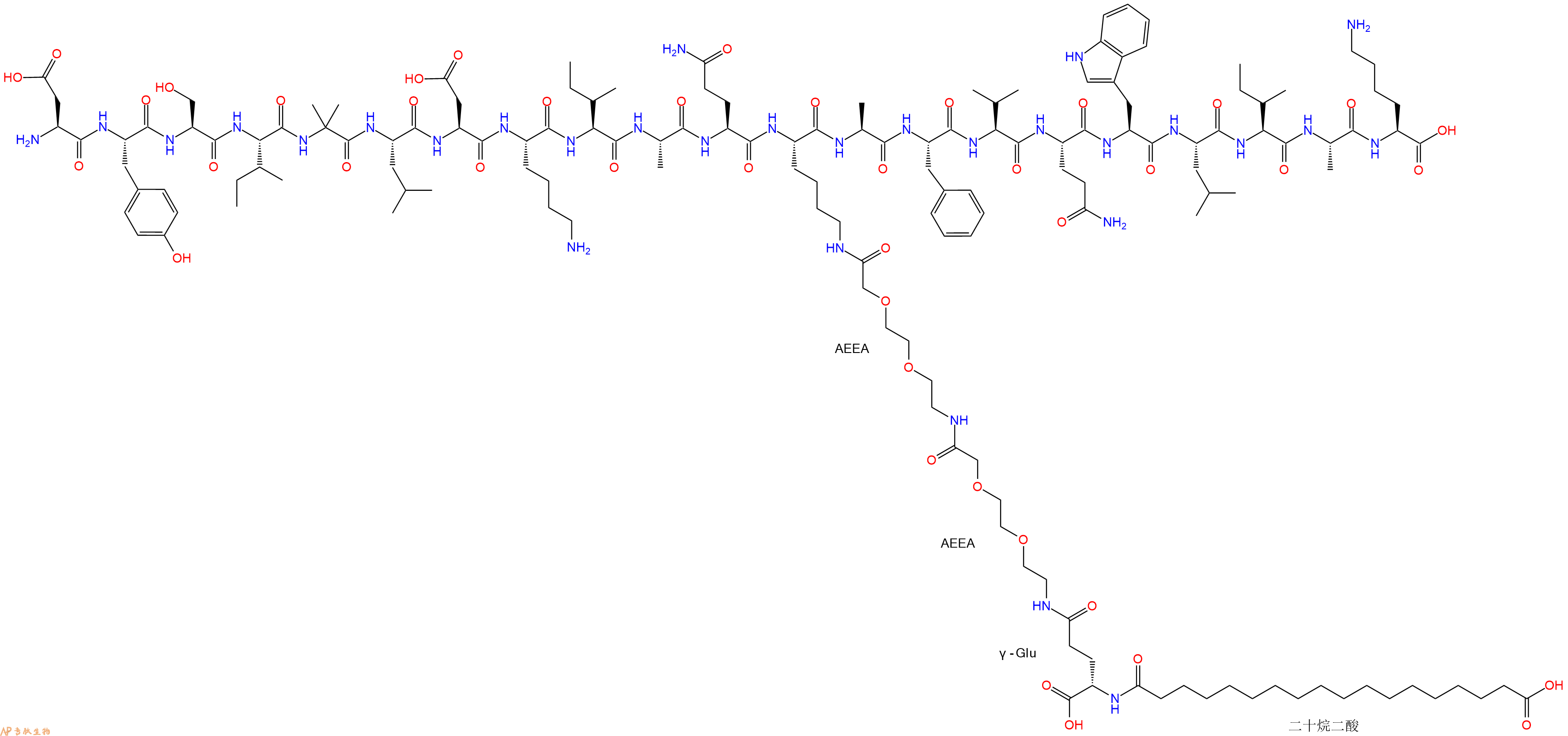 專肽生物產(chǎn)品H2N-Asp-Tyr-Ser-Ile-Aib-Leu-Asp-Lys-Ile-Ala-Gln-Lys(替爾泊肽側(cè)鏈)-Ala-Phe-Val-Gln-Trp-Leu-Ile-Ala-Lys-OH