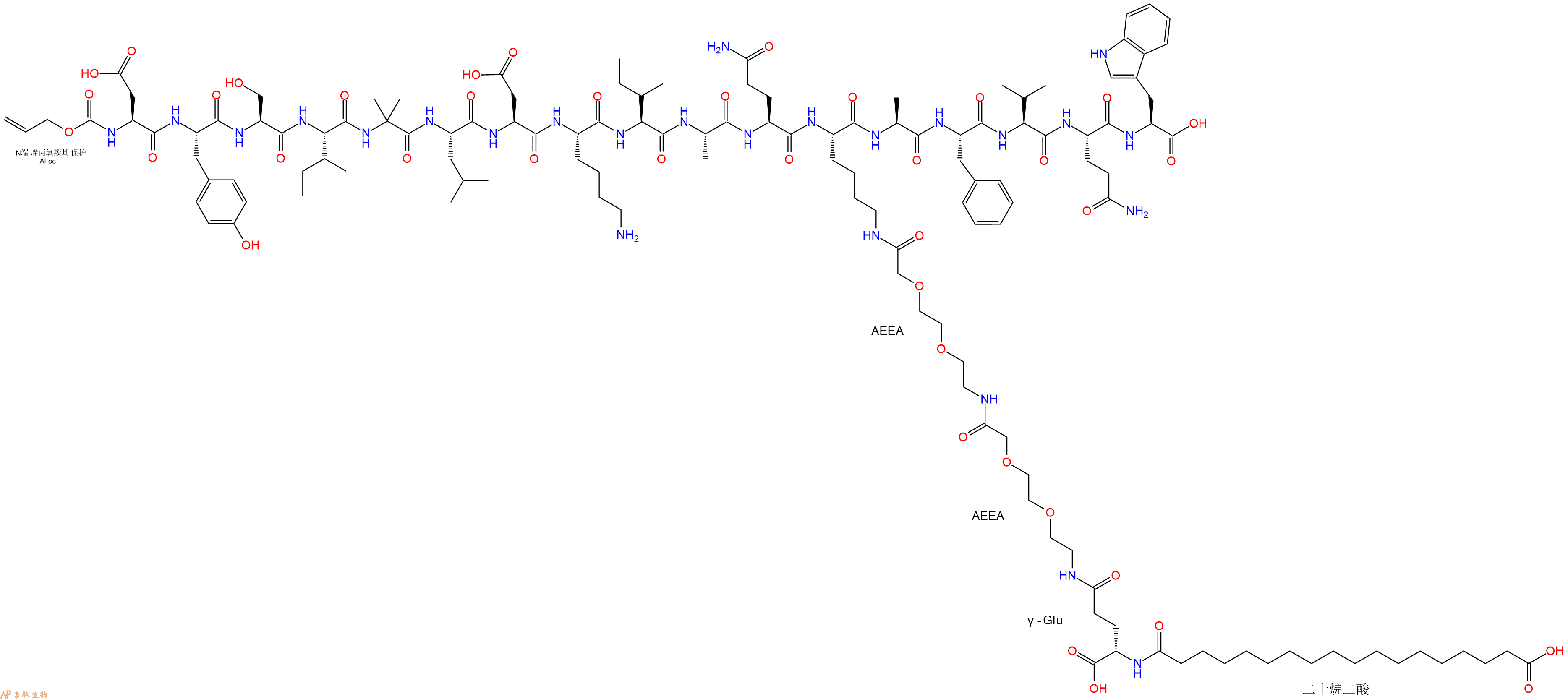 專肽生物產品Alloc-Asp-Tyr-Ser-Ile-Aib-Leu-Asp-Lys-Ile-Ala-Gln-Lys(替爾泊肽側鏈)-Ala-Phe-Val-Gln-Trp-OH