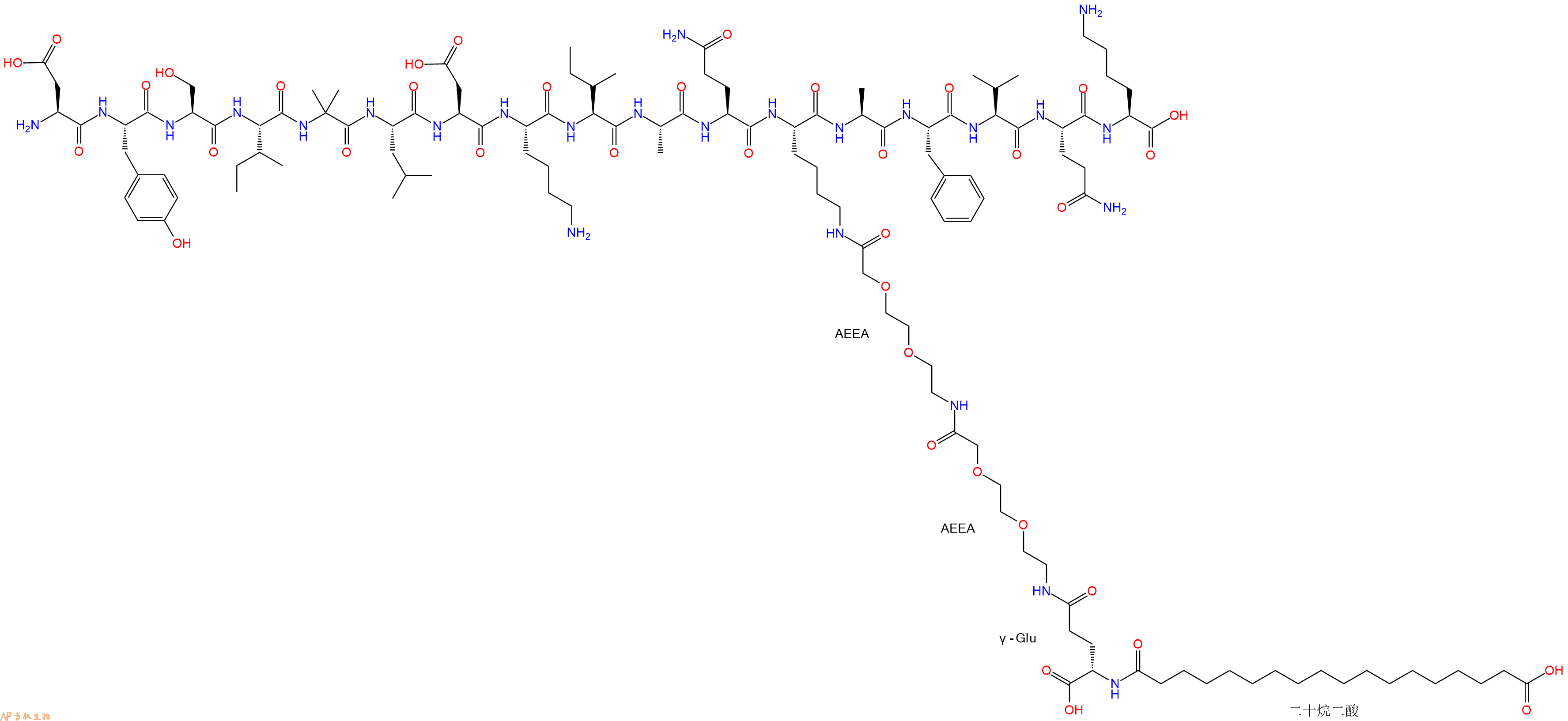 專肽生物產(chǎn)品H2N-Asp-Tyr-Ser-Ile-Aib-Leu-Asp-Lys-Ile-Ala-Gln-Lys(替爾泊肽側(cè)鏈)-Ala-Phe-Val-Gln-Lys-OH