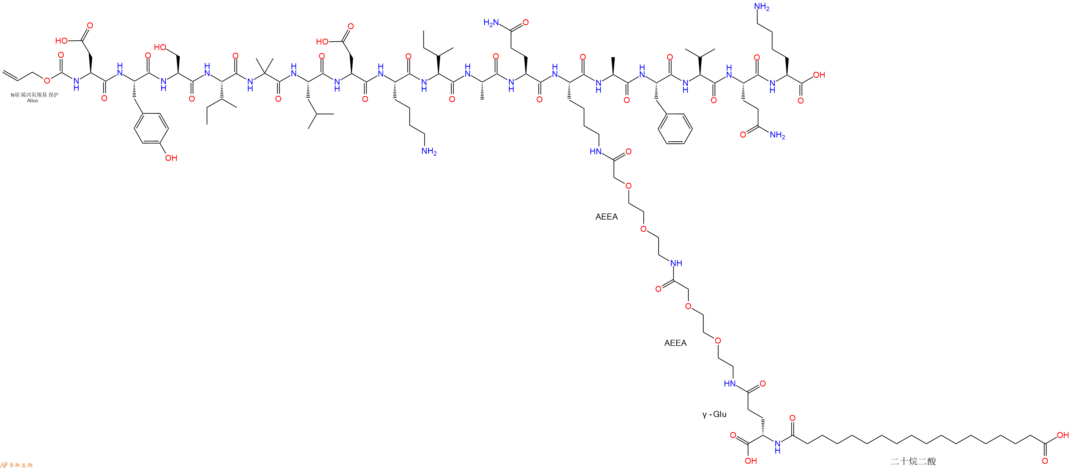 專肽生物產品Alloc-Asp-Tyr-Ser-Ile-Aib-Leu-Asp-Lys-Ile-Ala-Gln-Lys(替爾泊肽側鏈)-Ala-Phe-Val-Gln-Lys-OH